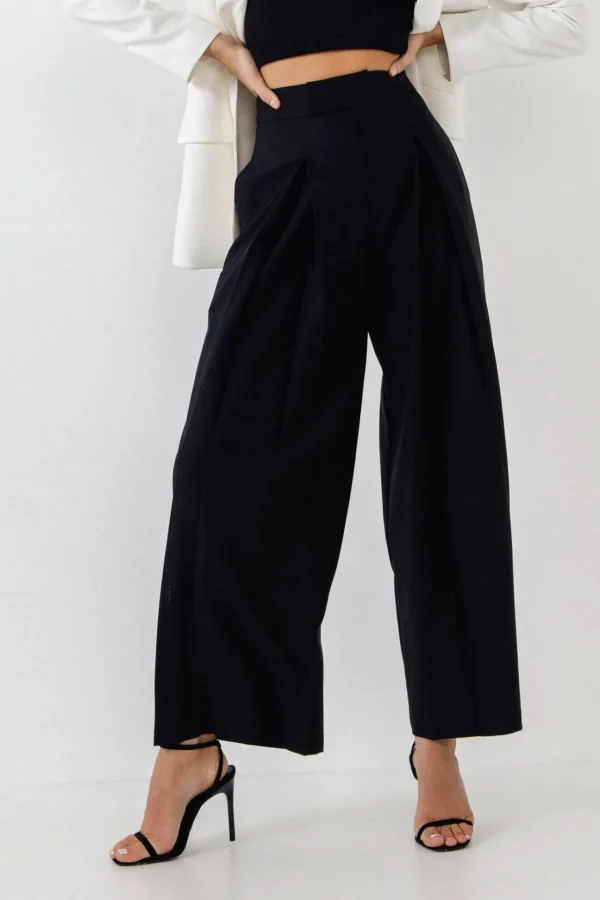 ENDLESS ROSE Pants*- Pleated Detail Wide Pants BLACK