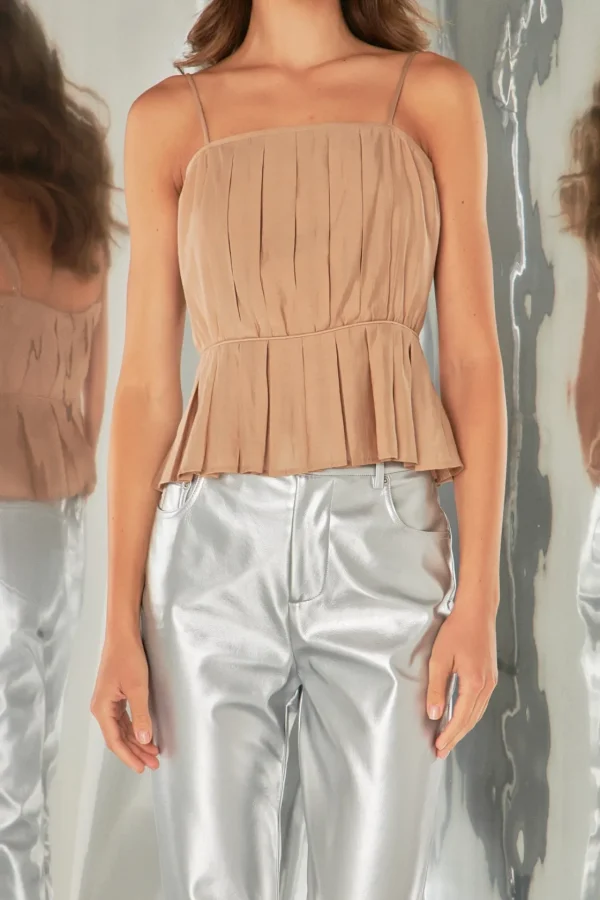 ENDLESS ROSE Tops*- Pleated Peplum Top TAN