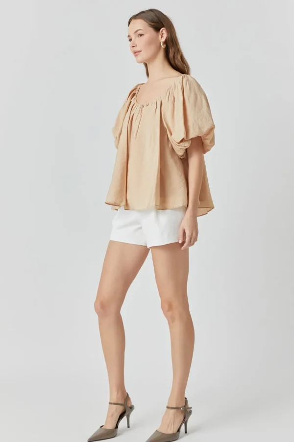 ENDLESS ROSE Tops*- Pleated Puff Sleeve Top