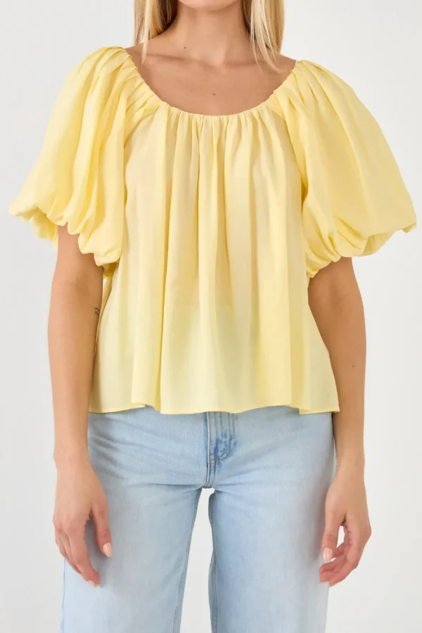 ENDLESS ROSE Tops*- Pleated Puff Sleeve Top