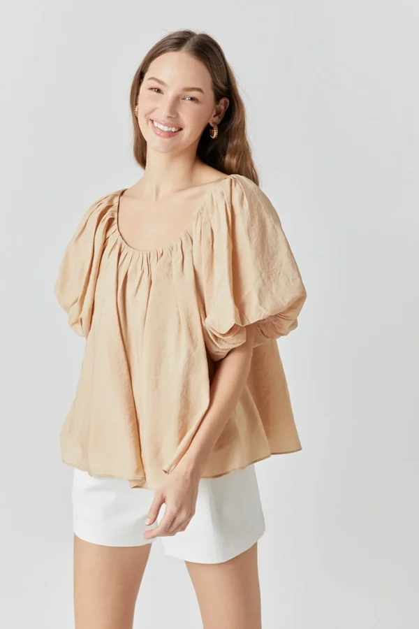 ENDLESS ROSE Tops*- Pleated Puff Sleeve Top