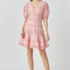 ENDLESS ROSE Lace Dresses | White Dresses*- Plunging Lace Trim Dress with Puff Sleeve