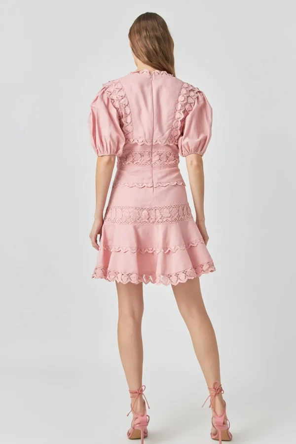 ENDLESS ROSE Lace Dresses | White Dresses*- Plunging Lace Trim Dress with Puff Sleeve