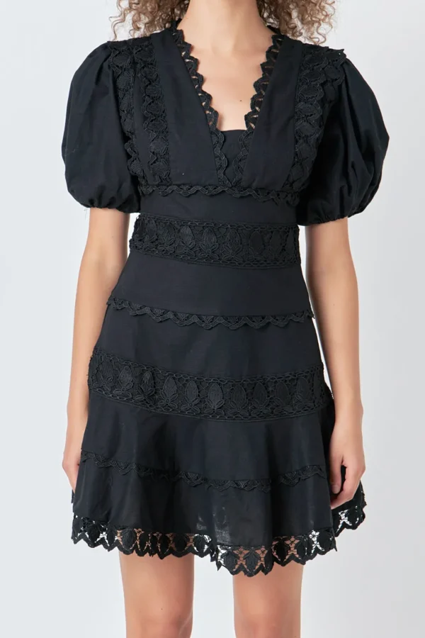 ENDLESS ROSE Lace Dresses | White Dresses*- Plunging Lace Trim Dress with Puff Sleeve