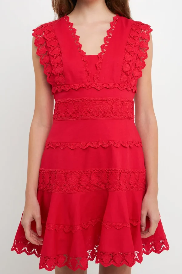 ENDLESS ROSE Lace Dresses | White Dresses*- Plunging Neck Lace Trim Mini Dress