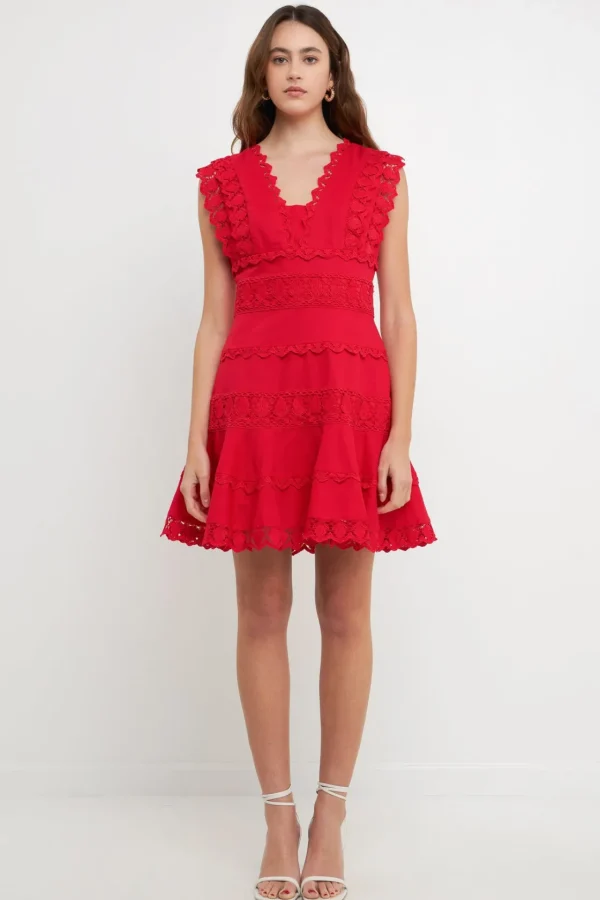 ENDLESS ROSE Lace Dresses | White Dresses*- Plunging Neck Lace Trim Mini Dress