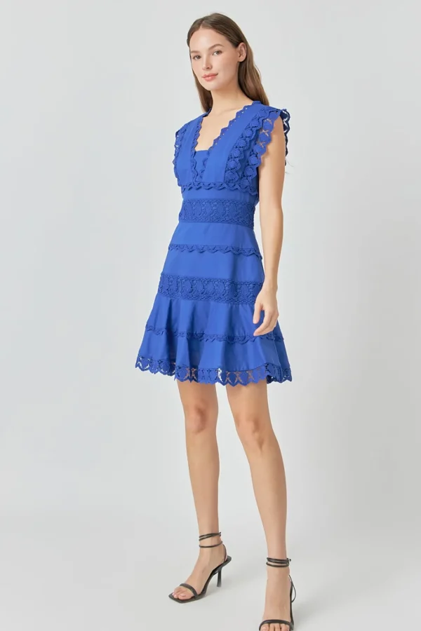 ENDLESS ROSE Lace Dresses | White Dresses*- Plunging Neck Lace Trim Mini Dress