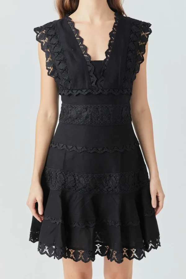 ENDLESS ROSE Lace Dresses | White Dresses*- Plunging Neck Lace Trim Mini Dress
