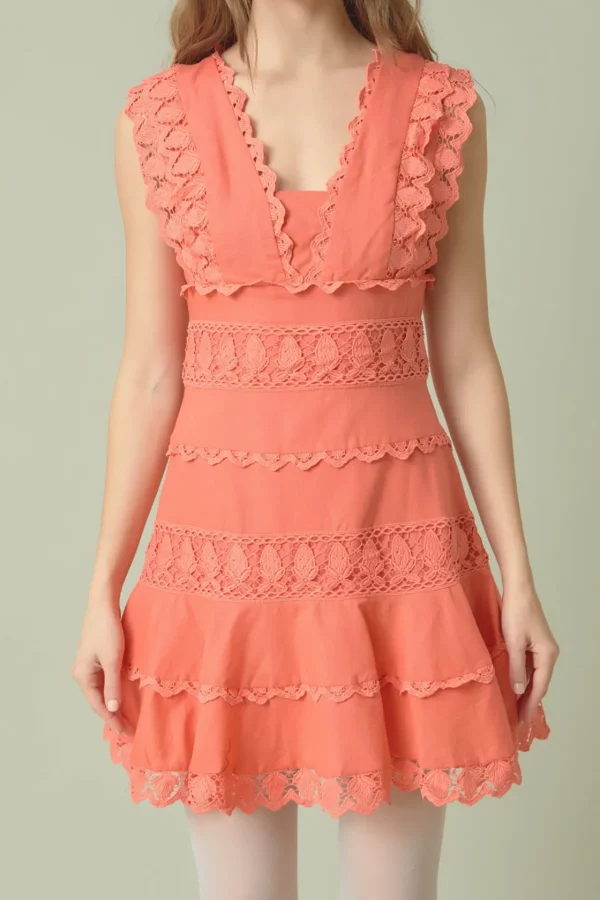ENDLESS ROSE Lace Dresses | White Dresses*- Plunging Neck Lace Trim Mini Dress