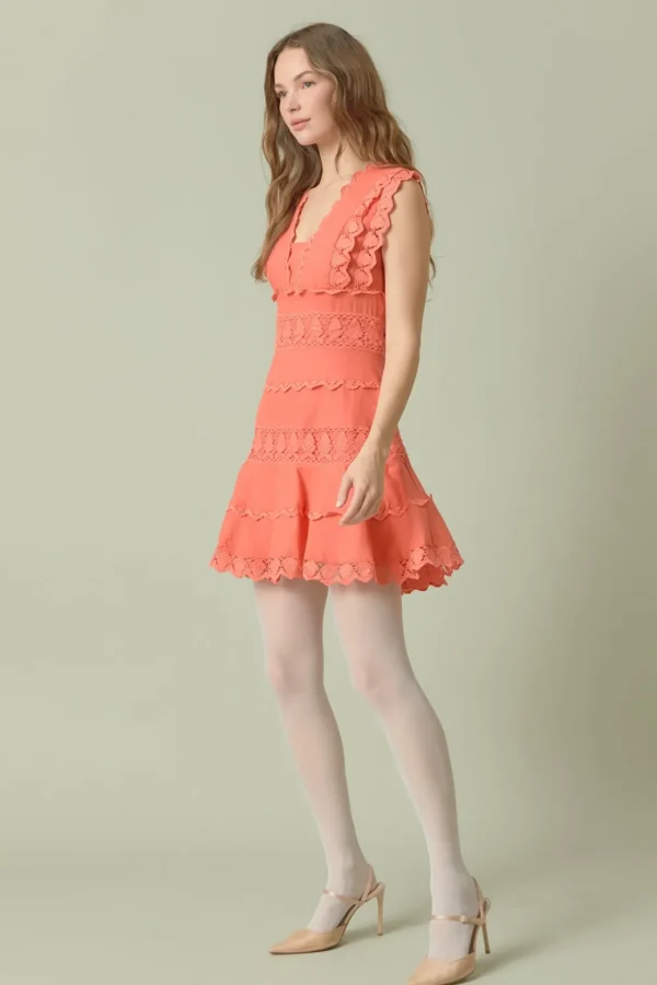 ENDLESS ROSE Lace Dresses | White Dresses*- Plunging Neck Lace Trim Mini Dress