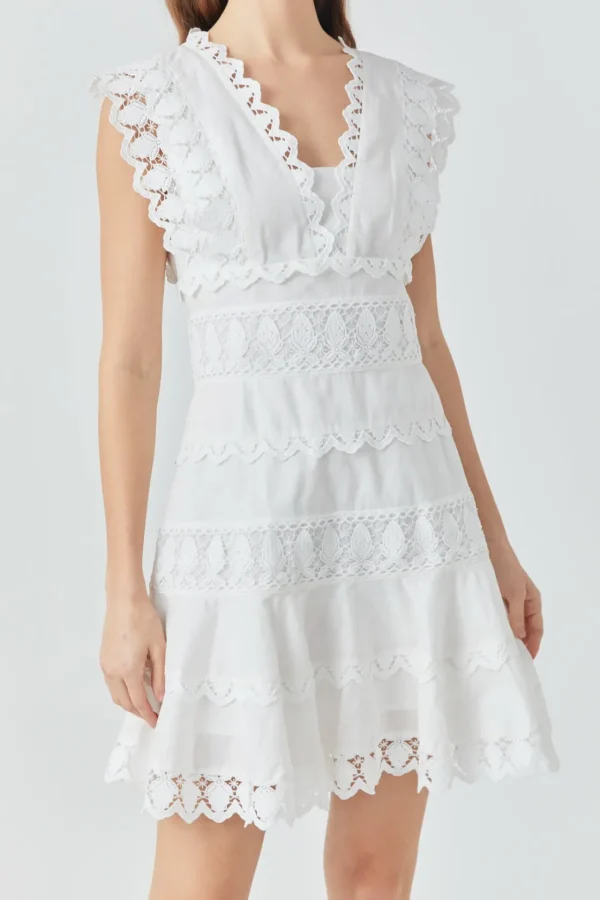 ENDLESS ROSE Lace Dresses | White Dresses*- Plunging Neck Lace Trim Mini Dress