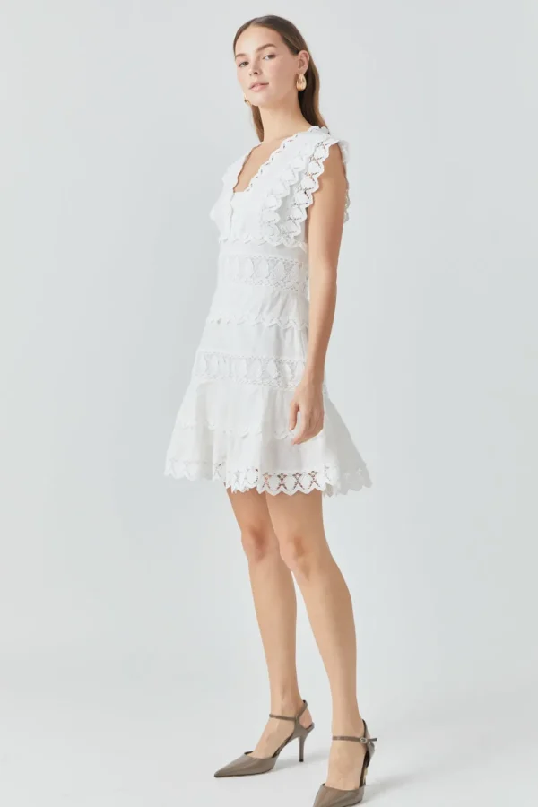 ENDLESS ROSE Lace Dresses | White Dresses*- Plunging Neck Lace Trim Mini Dress