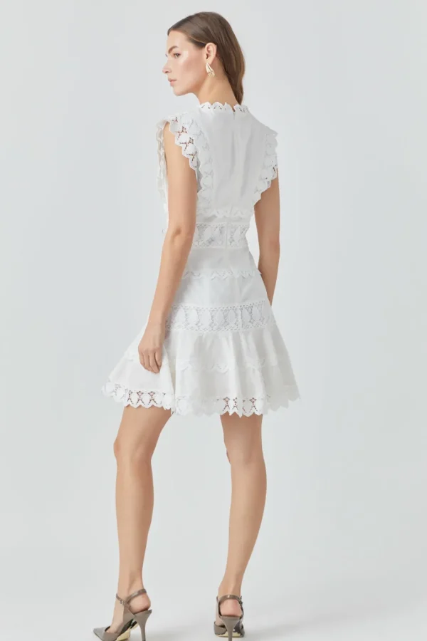 ENDLESS ROSE Lace Dresses | White Dresses*- Plunging Neck Lace Trim Mini Dress