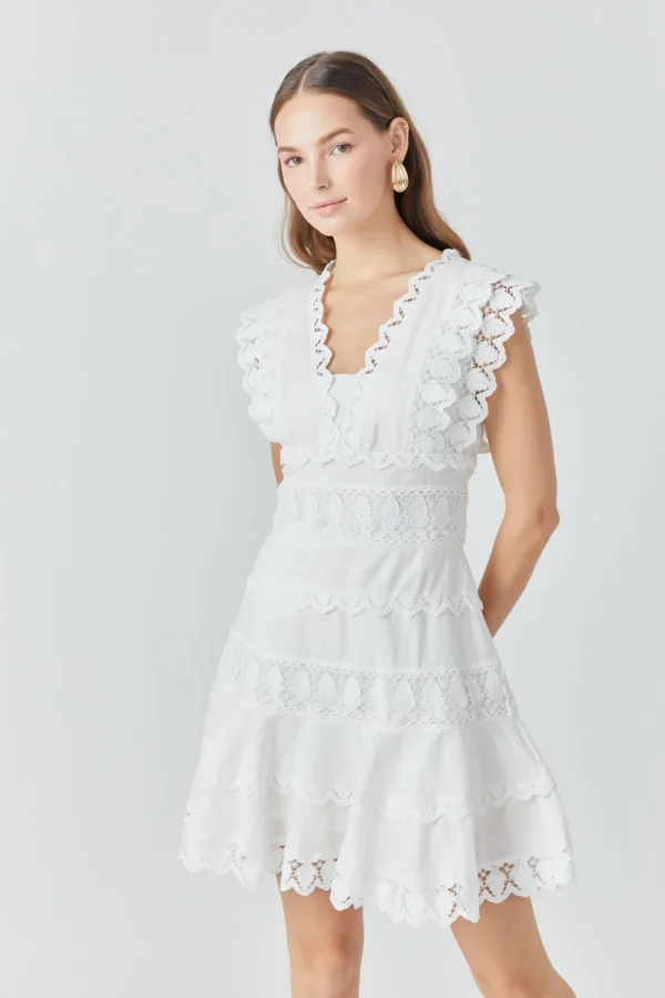 ENDLESS ROSE Lace Dresses | White Dresses*- Plunging Neck Lace Trim Mini Dress