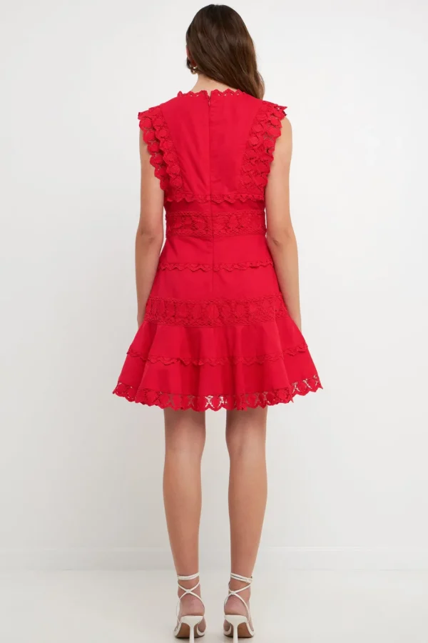 ENDLESS ROSE Lace Dresses | White Dresses*- Plunging Neck Lace Trim Mini Dress