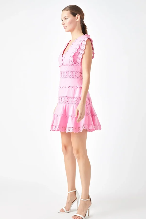 ENDLESS ROSE Lace Dresses | White Dresses*- Plunging Neck Lace Trim Mini Dress