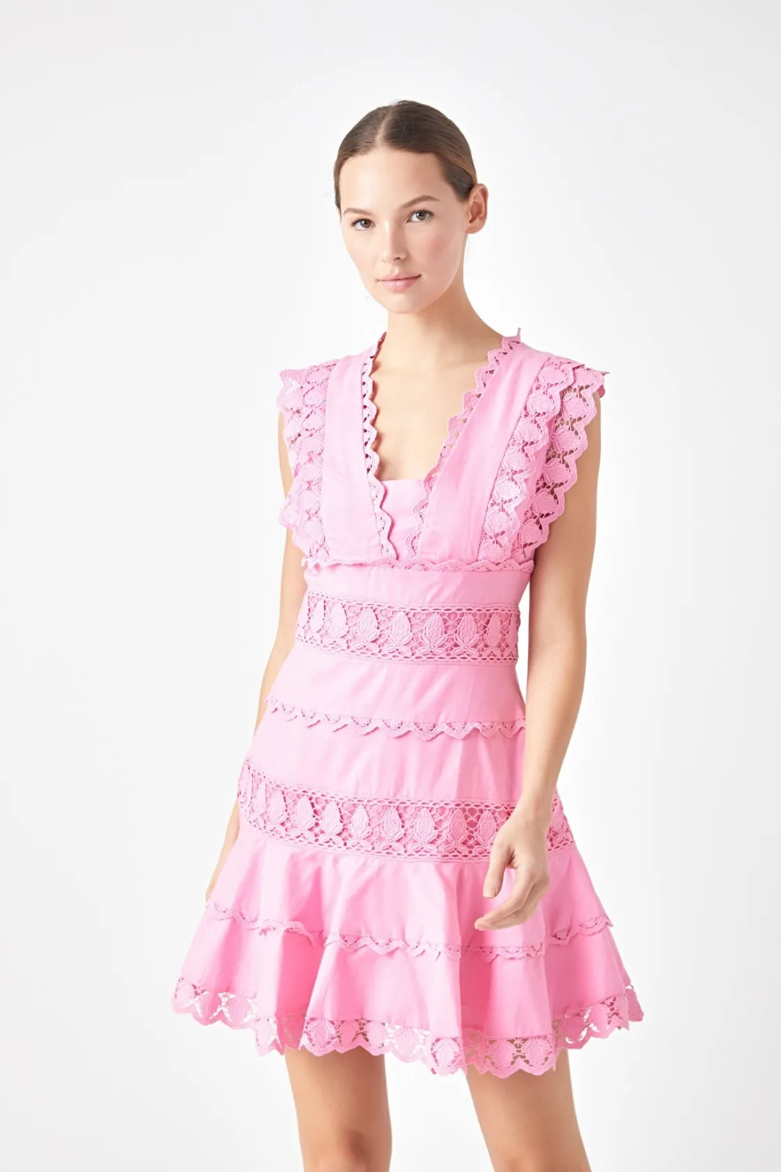 endless_rose__plunging_ne_33.webp ENDLESS ROSE Lace Dresses | White Dresses*- Plunging Neck Lace Trim Mini Dress