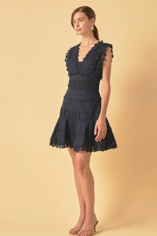 ENDLESS ROSE Lace Dresses | White Dresses*- Plunging Neck Lace Trim Mini Dress