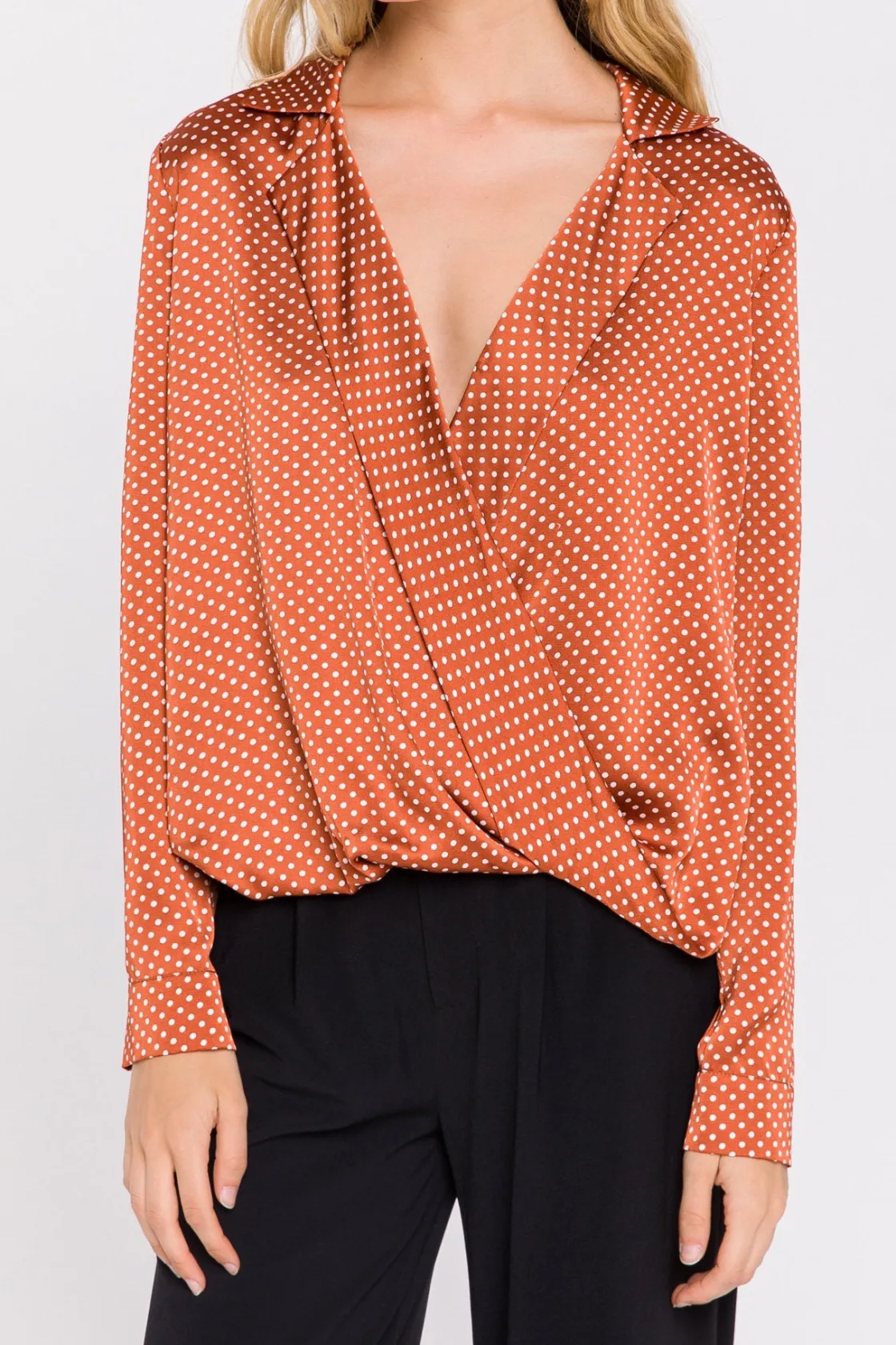 endless_rose__polka_dot_w_0.webp ENDLESS ROSE Tops*- Polka Dot Wrap Shirt BROWN