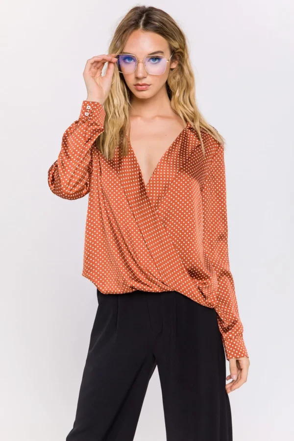 ENDLESS ROSE Tops*- Polka Dot Wrap Shirt BROWN