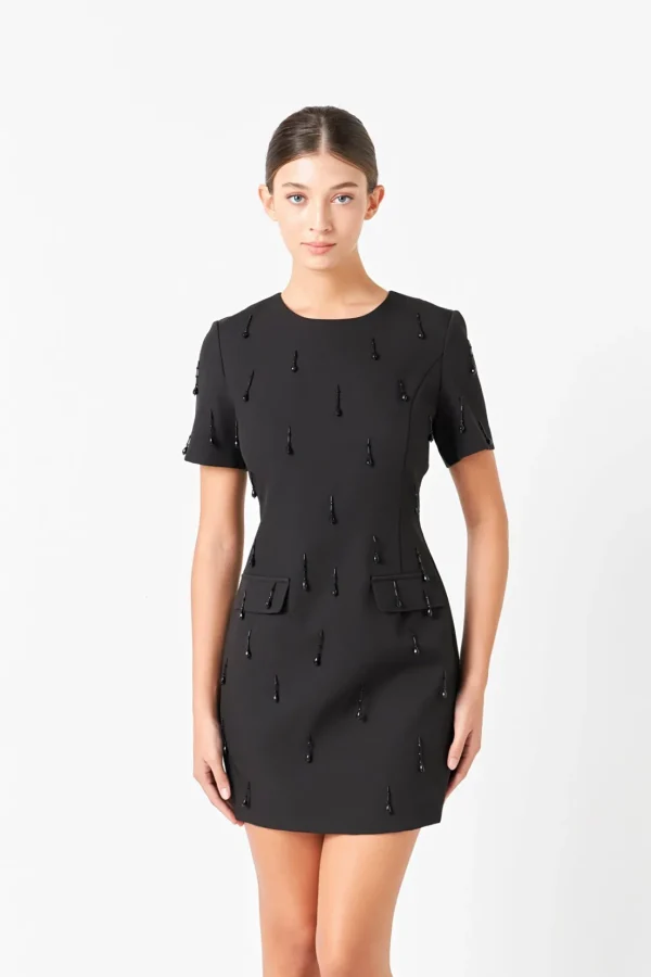 ENDLESS ROSE Tops*- Premium Beaded Mini Dress BLACK