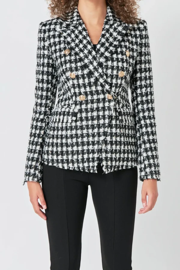 ENDLESS ROSE Blazers | Tops*- Premium Checked Tweed Blazer BLACK/WHITE