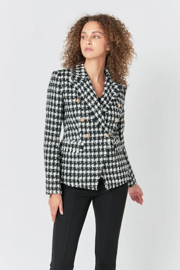 ENDLESS ROSE Blazers | Tops*- Premium Checked Tweed Blazer BLACK/WHITE