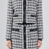 ENDLESS ROSE Blazers | Tops*- Premium Cropped Tweed Jacket With Fringe BLACK/WHITE