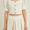 ENDLESS ROSE Matching Sets | Tops*- Premium Cropped Tweed Puff Sleeve Top IVORY