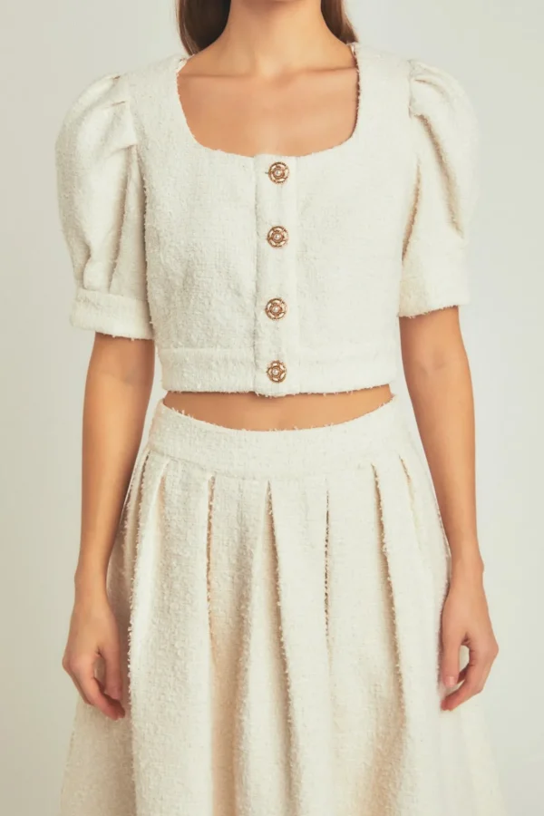 ENDLESS ROSE Matching Sets | Tops*- Premium Cropped Tweed Puff Sleeve Top IVORY
