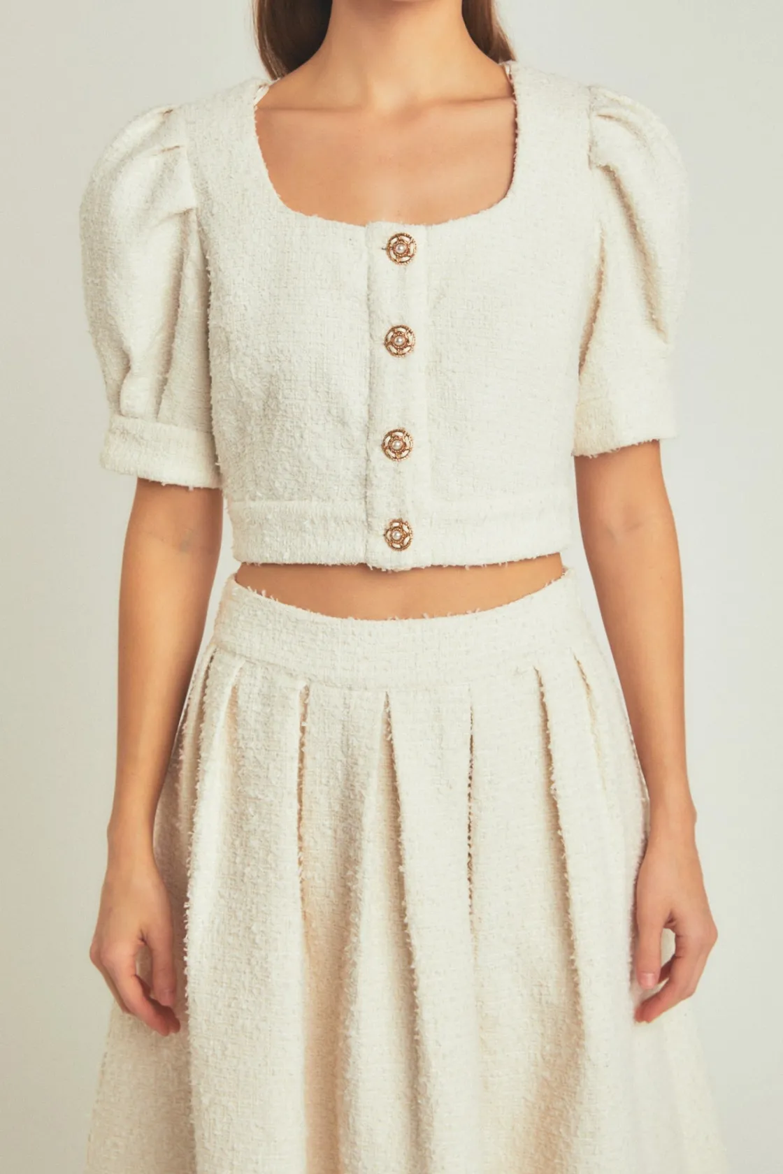 endless_rose__premium_cro_0-3.webp ENDLESS ROSE Matching Sets | Tops*- Premium Cropped Tweed Puff Sleeve Top IVORY