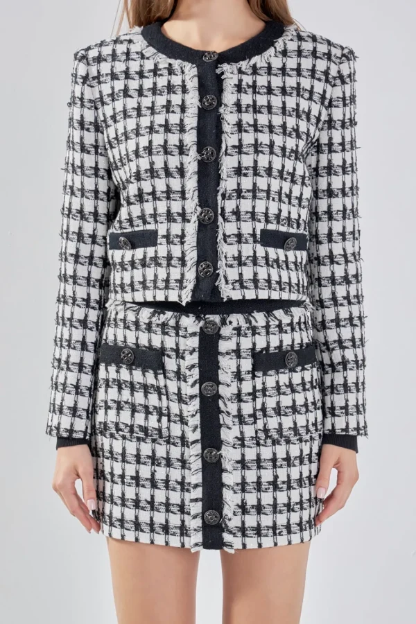 ENDLESS ROSE Blazers | Tops*- Premium Cropped Tweed Jacket With Fringe BLACK/WHITE