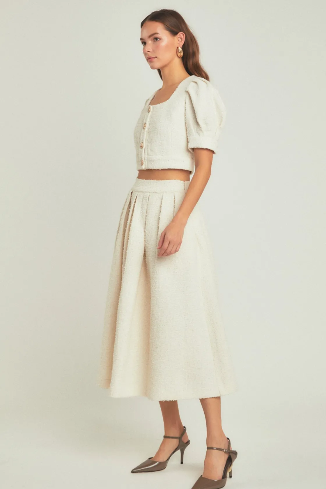 endless_rose__premium_cro_1-3.webp ENDLESS ROSE Matching Sets | Tops*- Premium Cropped Tweed Puff Sleeve Top IVORY