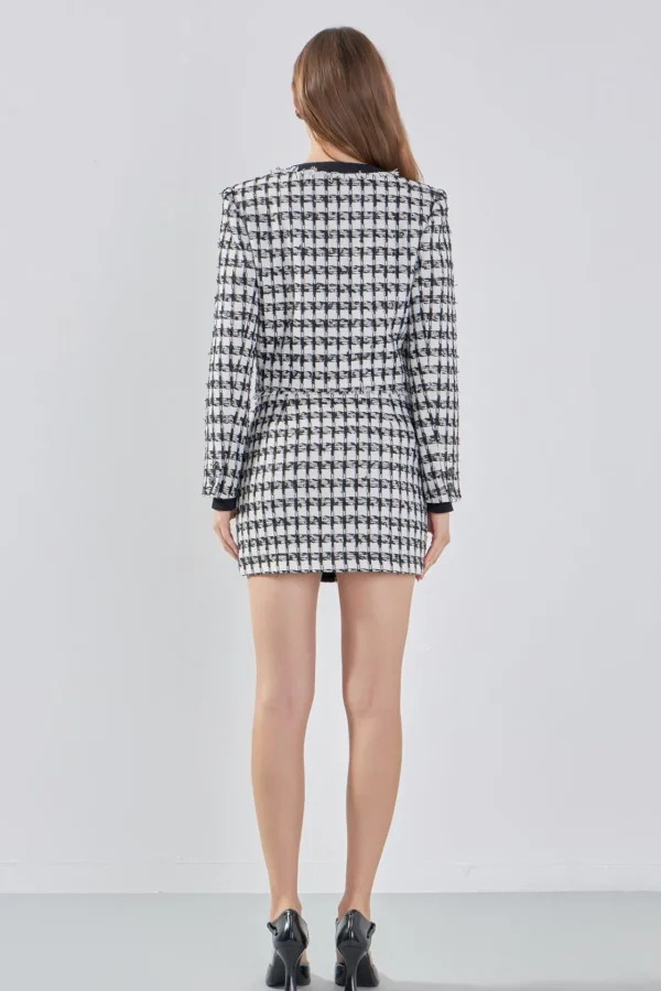 ENDLESS ROSE Blazers | Tops*- Premium Cropped Tweed Jacket With Fringe BLACK/WHITE