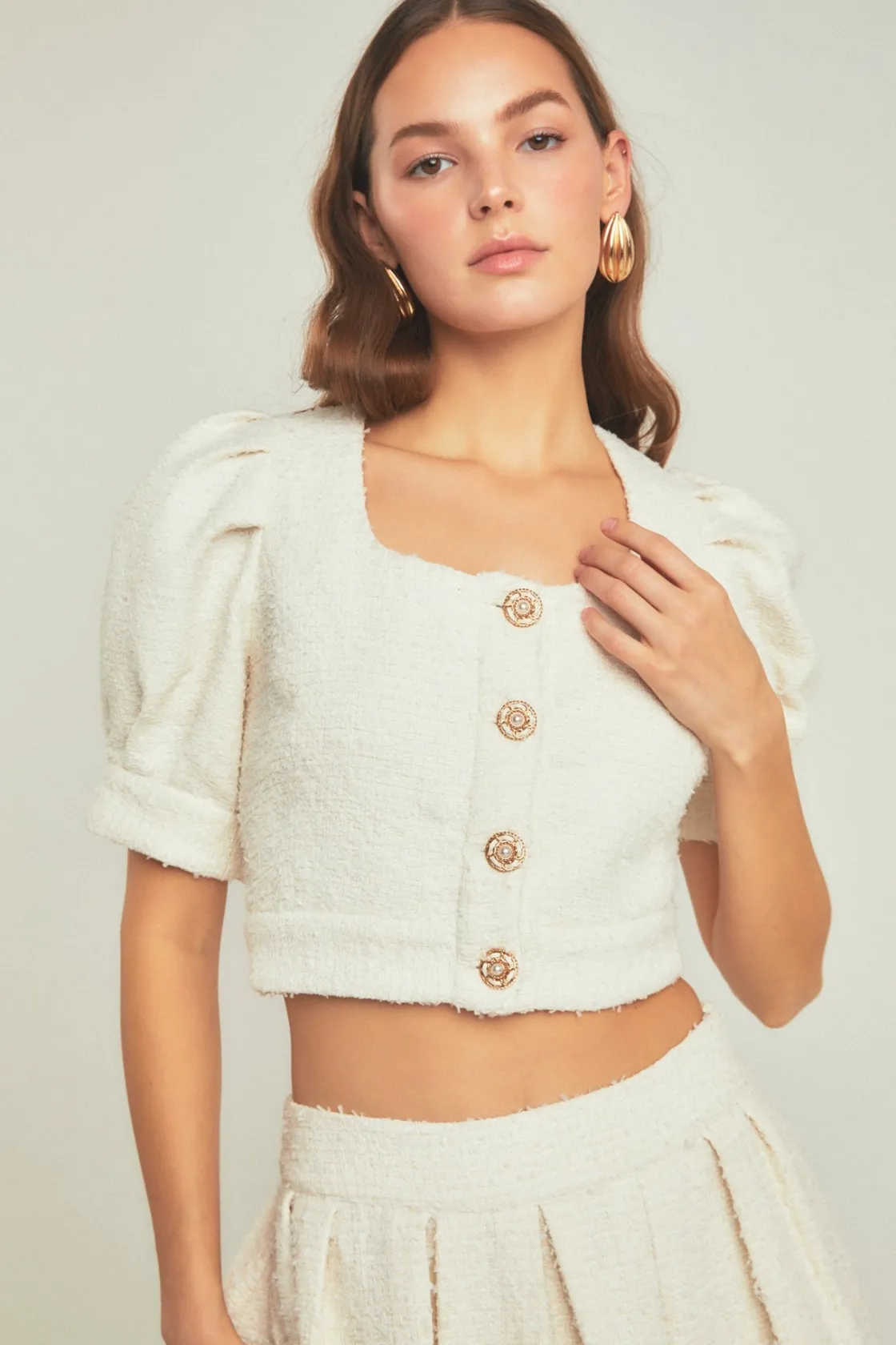 endless_rose__premium_cro_3-3.webp ENDLESS ROSE Matching Sets | Tops*- Premium Cropped Tweed Puff Sleeve Top IVORY