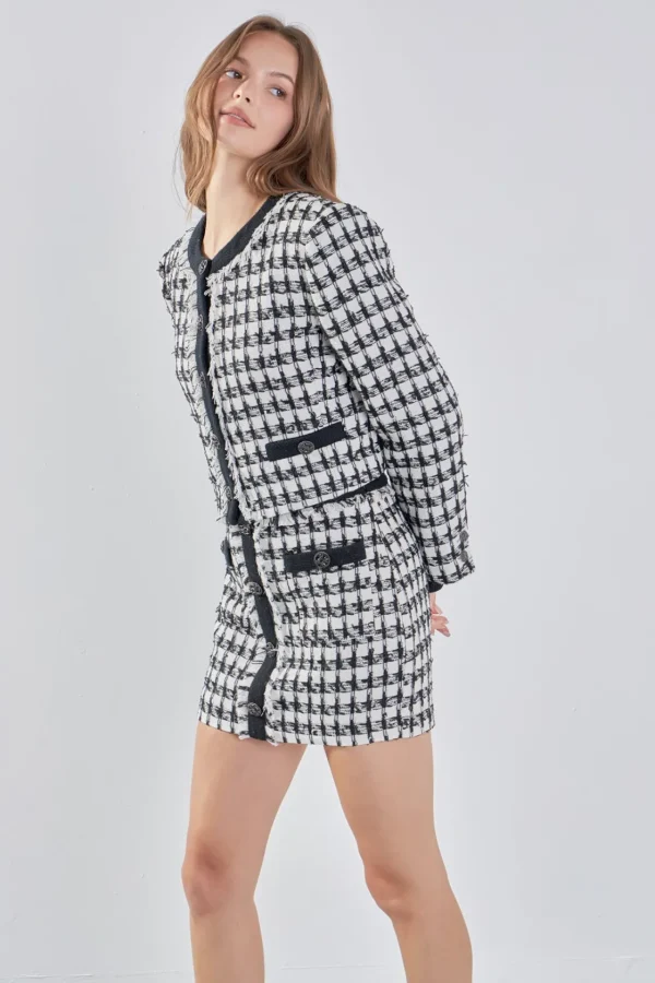 ENDLESS ROSE Blazers | Tops*- Premium Cropped Tweed Jacket With Fringe BLACK/WHITE