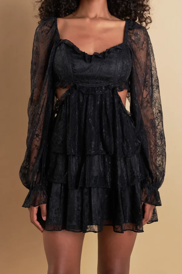 ENDLESS ROSE Lace Dresses | Tops*- Premium Cut-out Lace Mini Dress BLACK