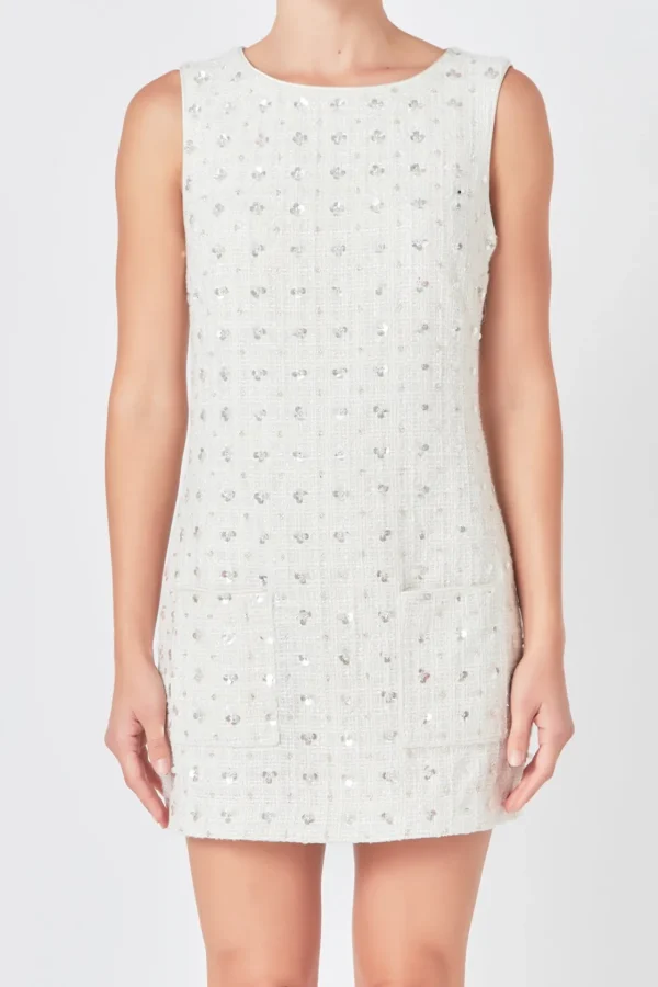 ENDLESS ROSE Tweed Dresses | Tops*- Premium Floral Embellishment Tweed Mini Dress