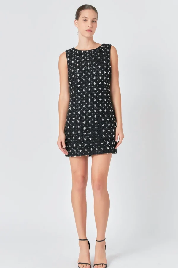 ENDLESS ROSE Tweed Dresses | Tops*- Premium Floral Embellishment Tweed Mini Dress