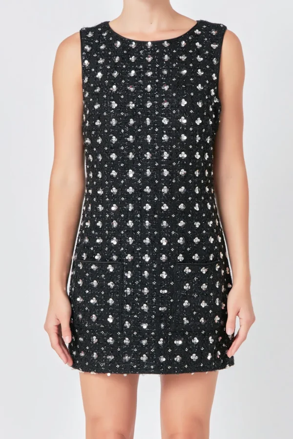 ENDLESS ROSE Tweed Dresses | Tops*- Premium Floral Embellishment Tweed Mini Dress