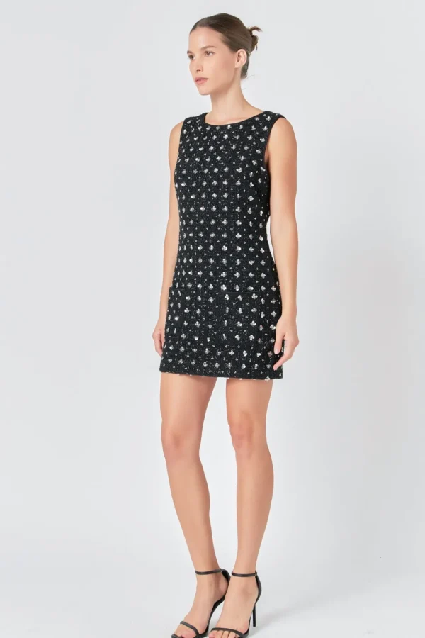 ENDLESS ROSE Tweed Dresses | Tops*- Premium Floral Embellishment Tweed Mini Dress