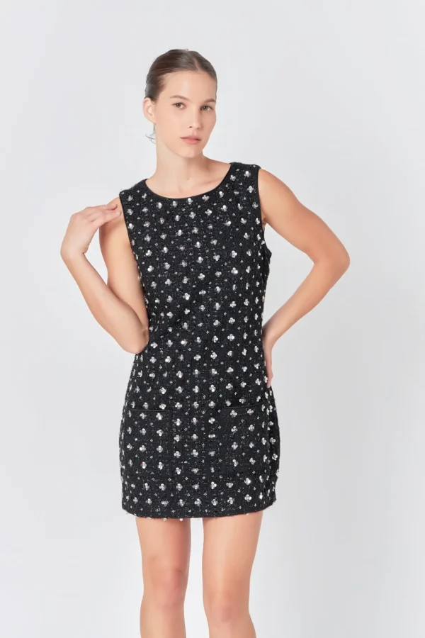 ENDLESS ROSE Tweed Dresses | Tops*- Premium Floral Embellishment Tweed Mini Dress
