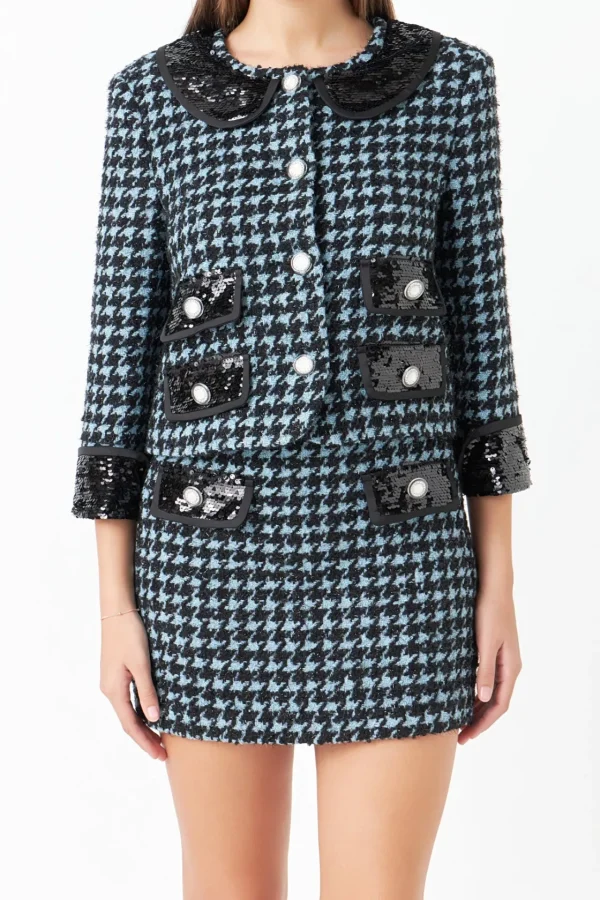 ENDLESS ROSE Jackets & Coats | Tops*- Premium Houndstooth Cropped Jacket AQUA/BLACK