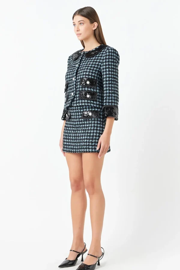 ENDLESS ROSE Jackets & Coats | Tops*- Premium Houndstooth Cropped Jacket AQUA/BLACK