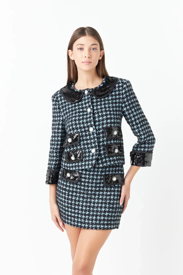 ENDLESS ROSE Jackets & Coats | Tops*- Premium Houndstooth Cropped Jacket AQUA/BLACK