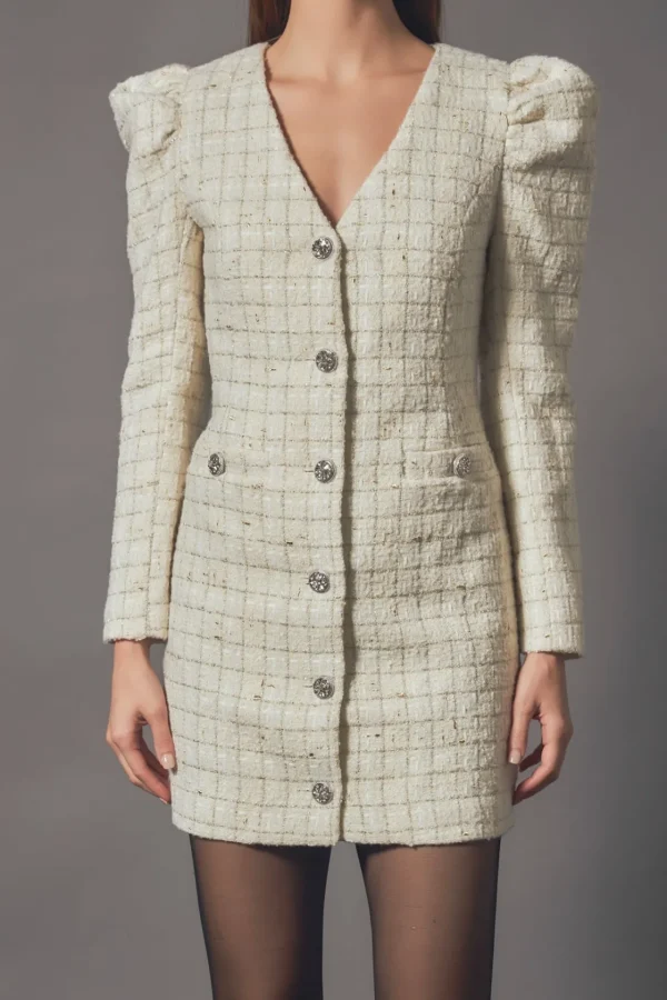 ENDLESS ROSE White Dresses | Tweed Dresses*- Premium Long-Sleeve Tweed Mini Dress IVORY
