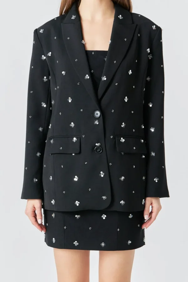 ENDLESS ROSE Blazers | Tops*- Premium Sequins Floral Embroidery Blazer BLACK