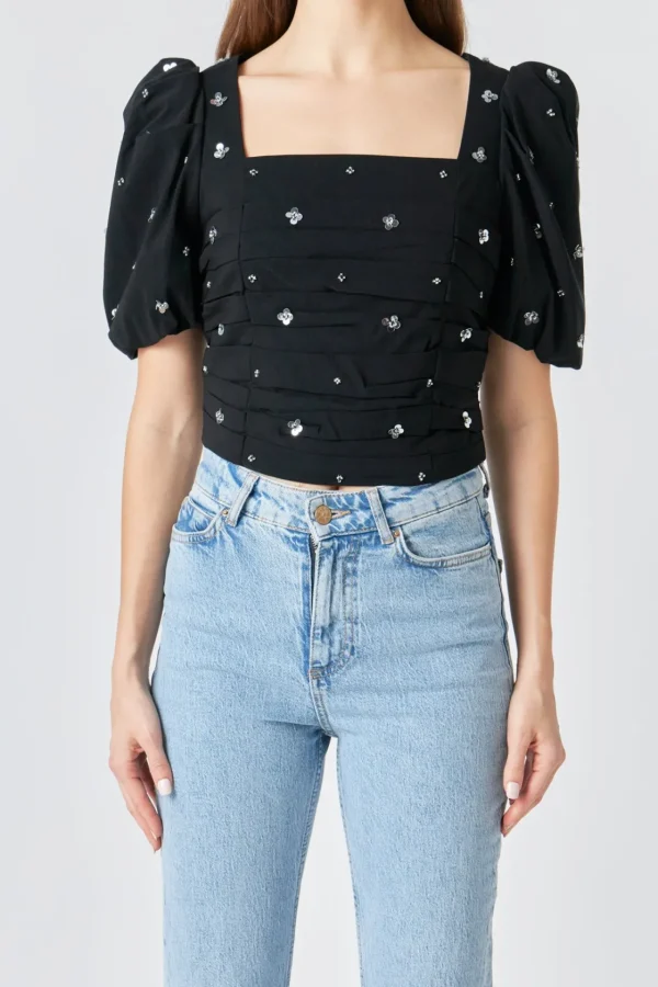ENDLESS ROSE Tops*- Premium Sequins Floral Embroidery Top BLACK