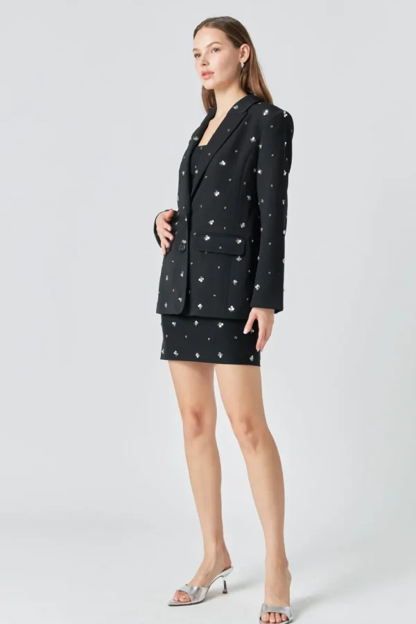 ENDLESS ROSE Blazers | Tops*- Premium Sequins Floral Embroidery Blazer BLACK