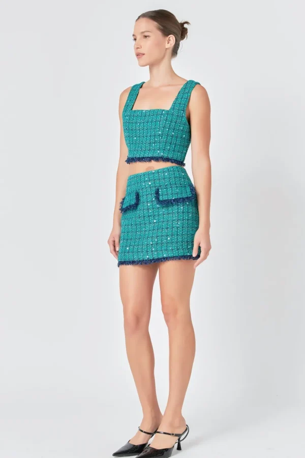 ENDLESS ROSE Skirts | Tops*- Premium Sequin Tweed Mini Skirt GREEN/NAVY
